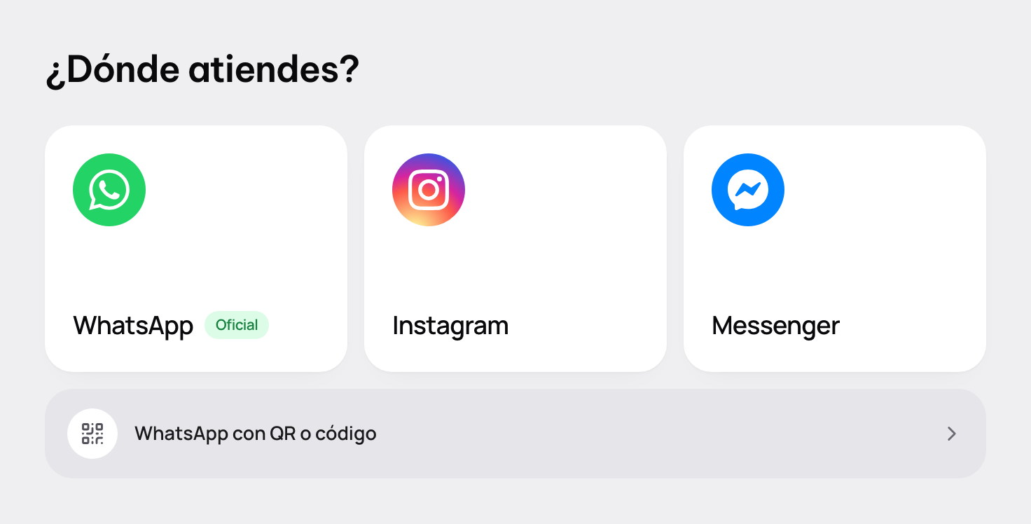 ¿Dónde atiendes?: WhatsApp oficial, Instagram, Messenger y, abajo, WhatsApp con QR o código.