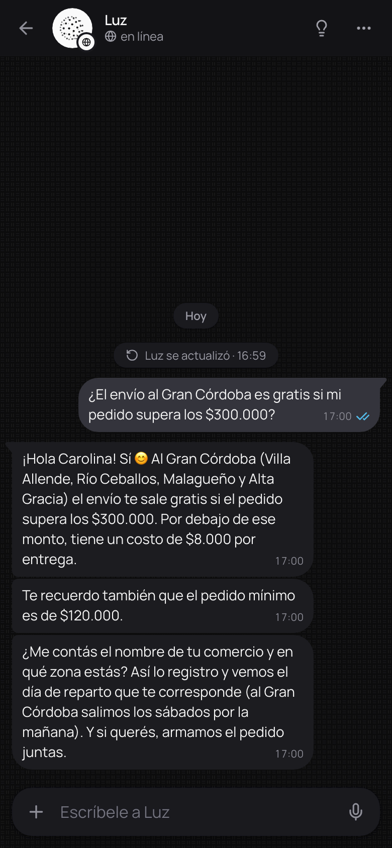 El chat de prueba después del cambio: el aviso de que el agente se actualizó y su respuesta nueva.