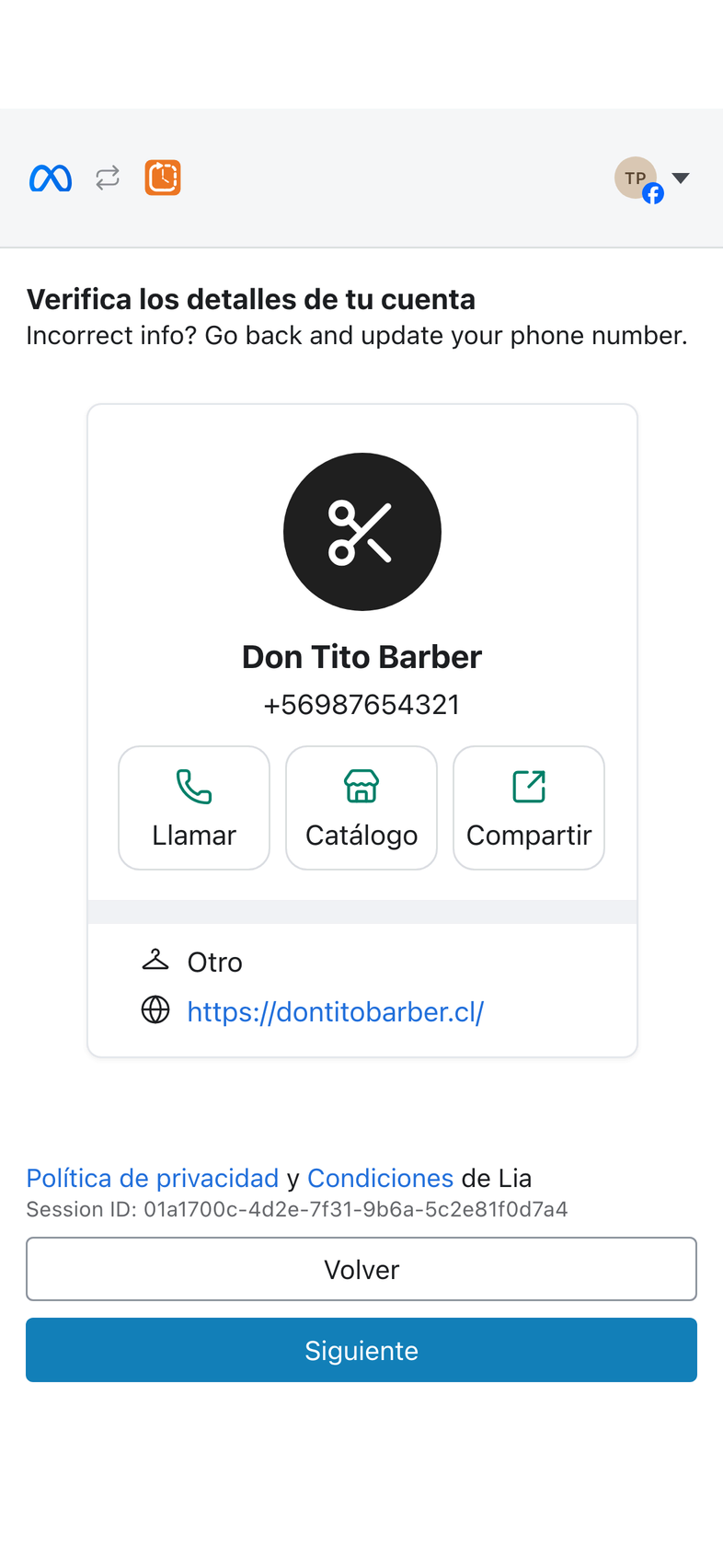 Verifica los detalles: el perfil del negocio y el botón Siguiente marcado.