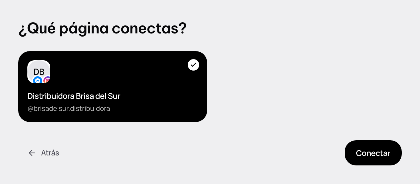 ¿Qué página conectas?: la página del negocio con su Instagram y el botón Conectar.