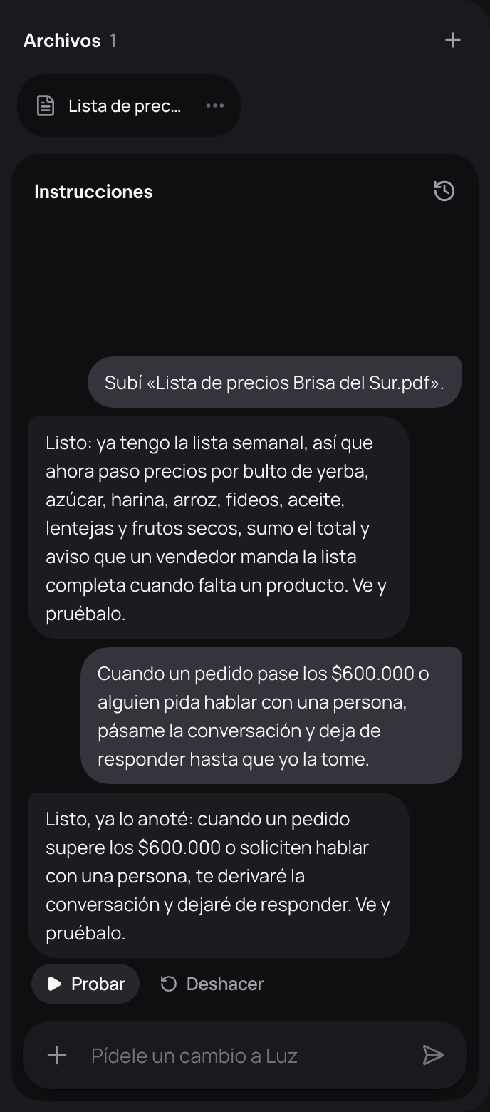 La columna Instrucciones al lado del chat, con el campo para pedirle un cambio al agente.