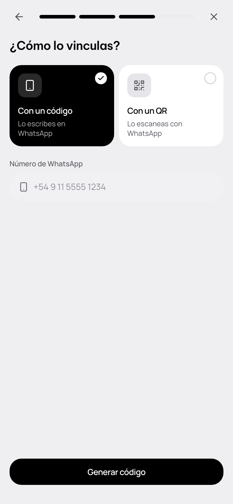 ¿Cómo lo vinculas?: Con un código o Con un QR, el número de WhatsApp y Generar código.