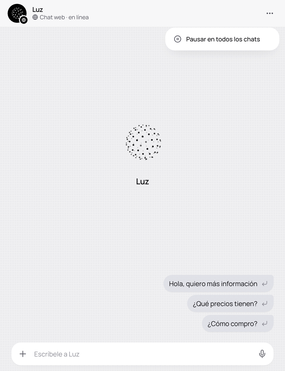 El menú de Tu agente abierto, con Pausar en todos los chats.